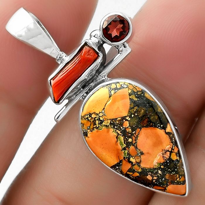 Maligano Jasper, Coral Stick & Garnet Pendant SDP109571 P-1708, 12x20 mm