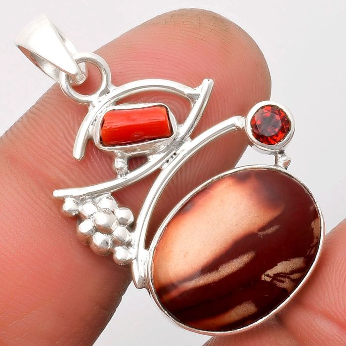 Indian Paint Gemstone, Coral Stick & Garnet Pendant SDP109727 P-1704, 13x18 mm