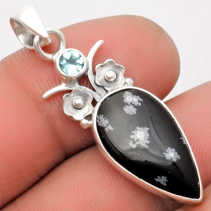 Snow Flake Obsidian & Sky Blue Topaz Pendant SDP109774 P-1695, 11x20 mm