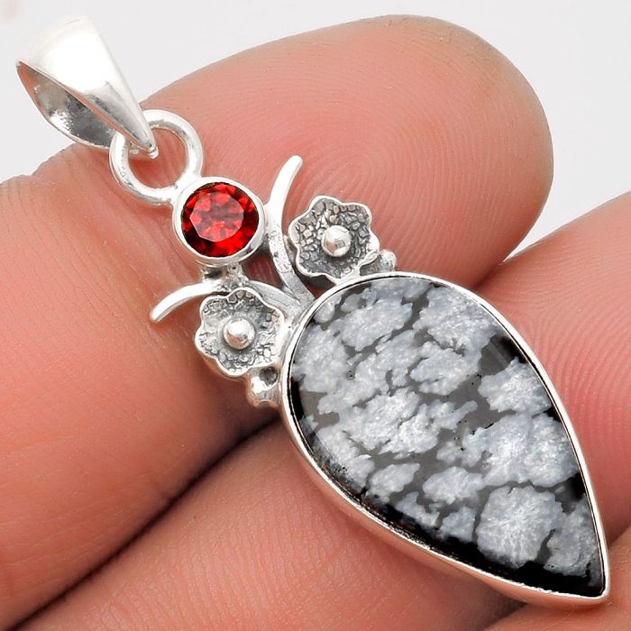 Natural Snow Flake Obsidian & Garnet Pendant SDP109785 P-1695, 12x21 mm