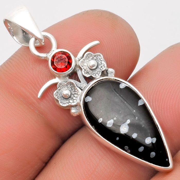 Natural Snow Flake Obsidian & Garnet Pendant SDP109789 P-1695, 10x20 mm