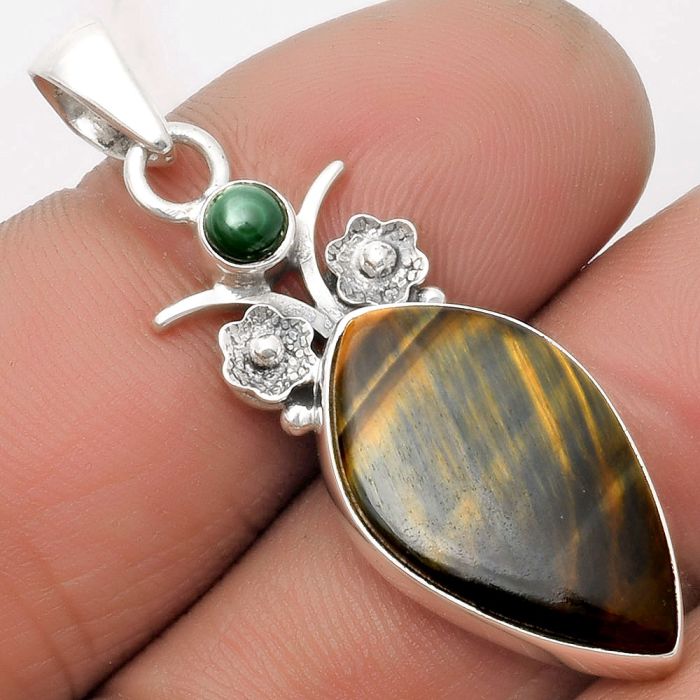 Natural Blue Tiger Eye & Malachite Eye Pendant SDP109800 P-1695, 13x22 mm