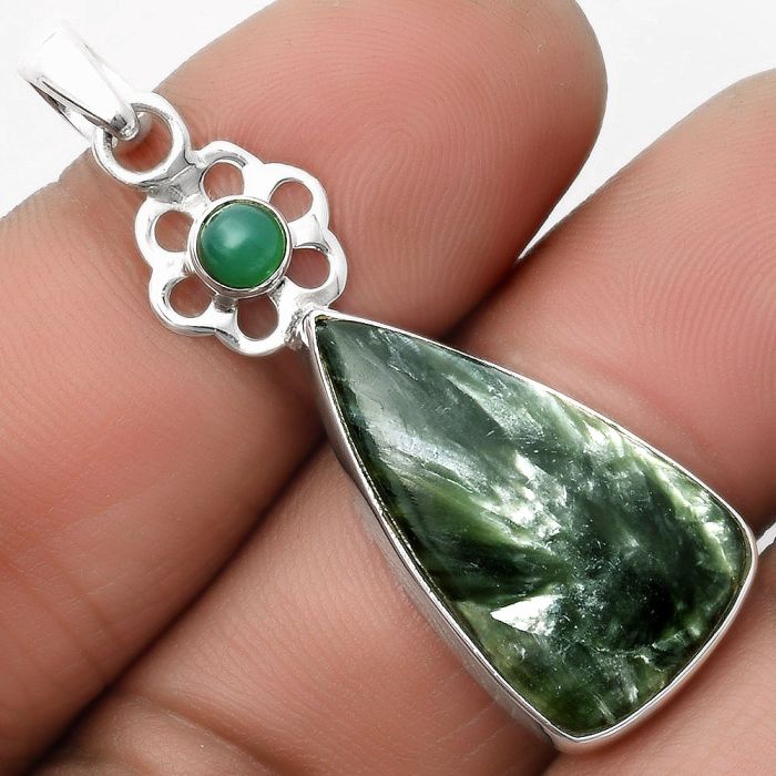 Russian Seraphinite & Green Onyx Pendant SDP109978 P-1634, 14x24 mm