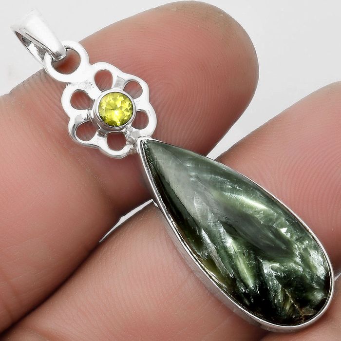 Natural Russian Seraphinite & Peridot Pendant SDP109992 P-1634, 11x26 mm