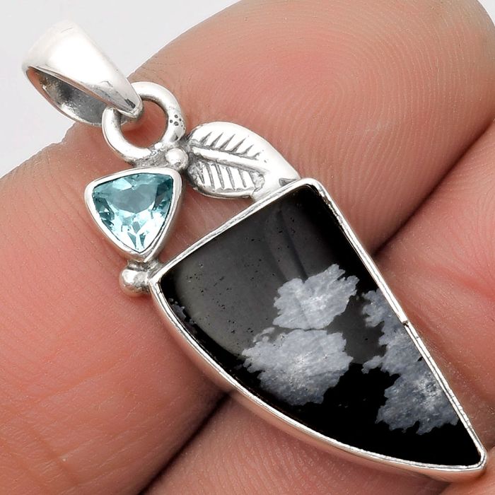 Snow Flake Obsidian & Sky Blue Topaz Pendant SDP110014 P-1652, 12x22 mm