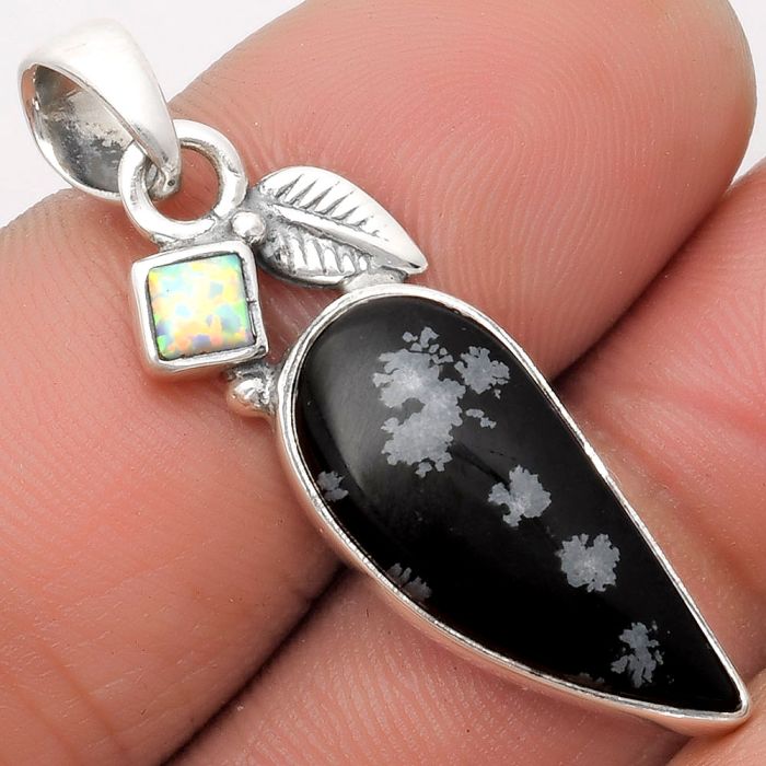 Natural Snow Flake Obsidian & Fire Opal Pendant SDP110036 P-1652, 10x22 mm