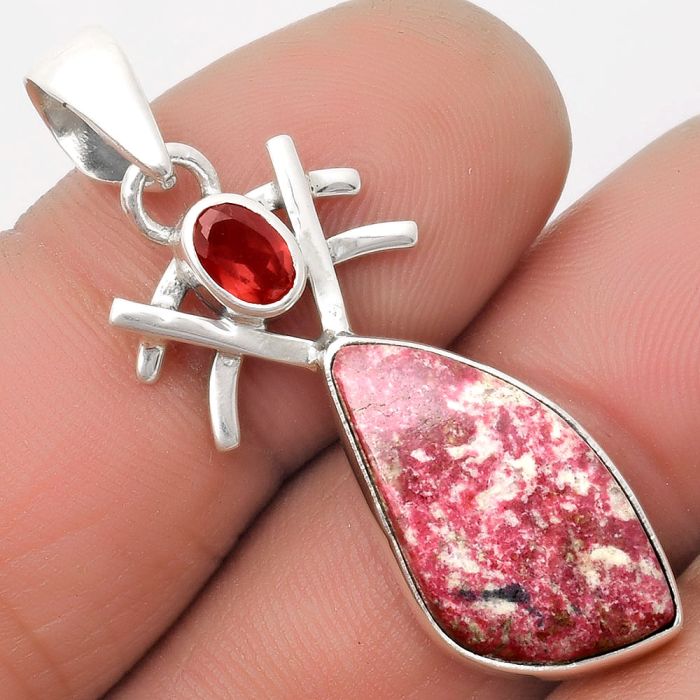 Natural Pink Thulite - Norway & Garnet Pendant SDP110116 P-1046, 11x20 mm