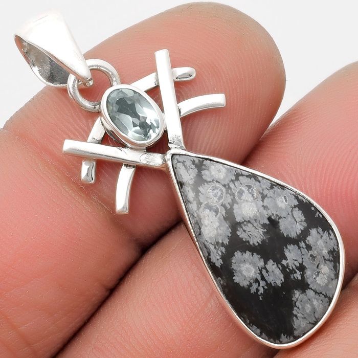 Snow Flake Obsidian & Sky Blue Topaz Pendant SDP110120 P-1046, 12x21 mm