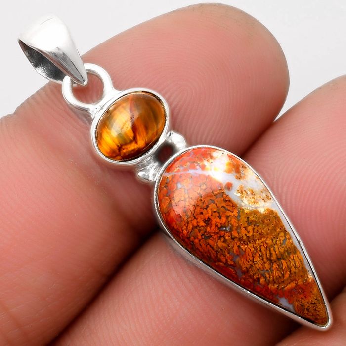 Natural Red Moss Agate & Tiger Eye Pendant SDP110225 P-1077, 10x22 mm