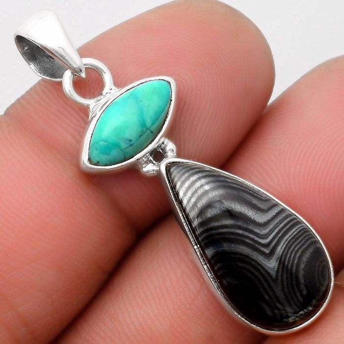 Crown Of Silver Psilomelane Black Malachite & Turquoise Pendant SDP110233 P-1077, 11x21 mm