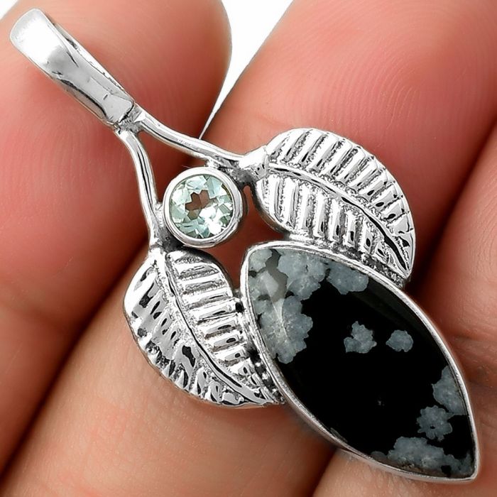 Snow Flake Obsidian & Sky Blue Topaz Pendant SDP111726 P-1416, 9x19 mm