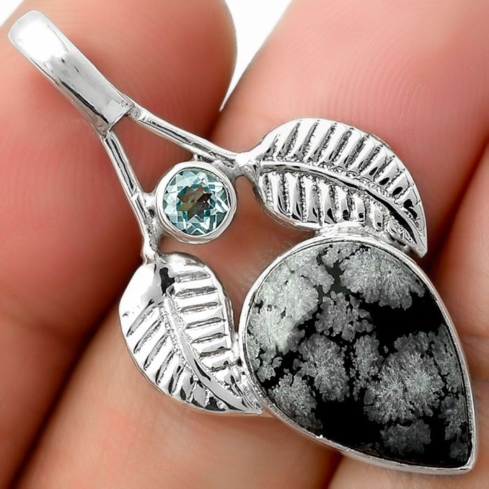 Snow Flake Obsidian & Sky Blue Topaz Pendant SDP111740 P-1416, 12x17 mm