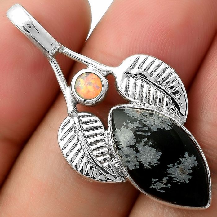 Natural Snow Flake Obsidian & Fire Opal Pendant SDP111748 P-1416, 10x18 mm