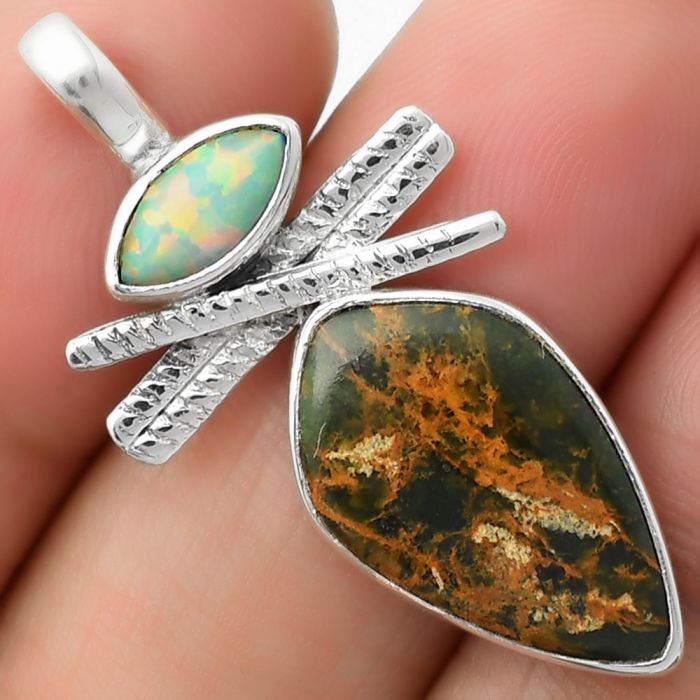 Turkish Rainforest Chrysocolla & Fire Opal Pendant SDP111798 P-1268, 12x20 mm