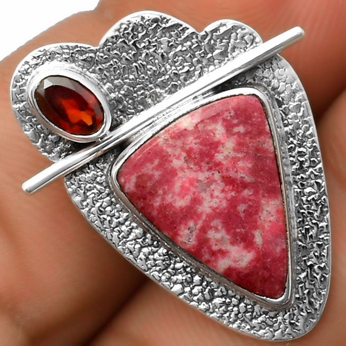 Natural Pink Thulite - Norway & Garnet Pendant SDP113034 P-1338, 13x16 mm