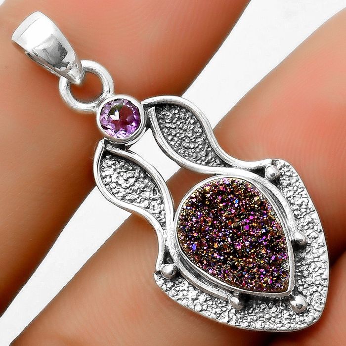 Natural Titanium Druzy & Amethyst Pendant SDP113347 P-1277, 9x12 mm