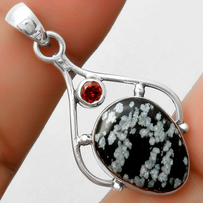 Natural Snow Flake Obsidian & Garnet Pendant SDP113491 P-1575, 14x18 mm