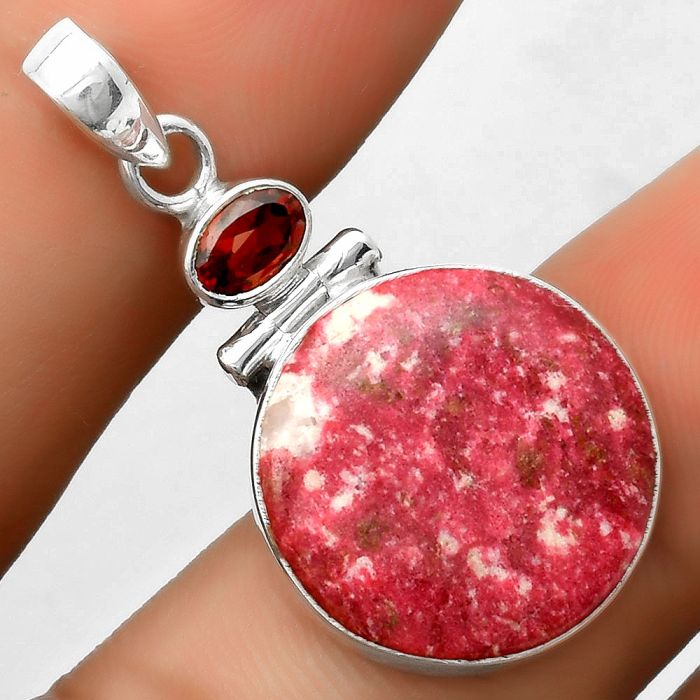 Natural Pink Thulite - Norway & Garnet Pendant SDP113534 P-1108, 18x18 mm