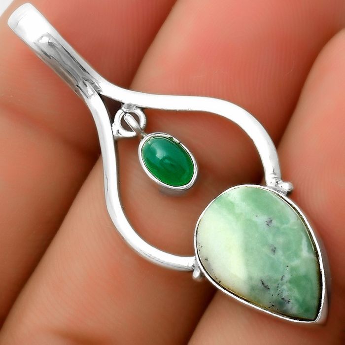 Dendritic Chrysoprase - Africa & Green Onyx 925 Silver Pendant Jewelry SDP113672 P-1648, 11x16 mm