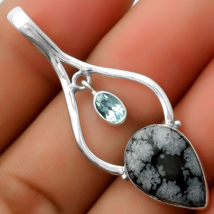 Snow Flake Obsidian & Sky Blue Topaz Pendant SDP113695 P-1648, 11x17 mm