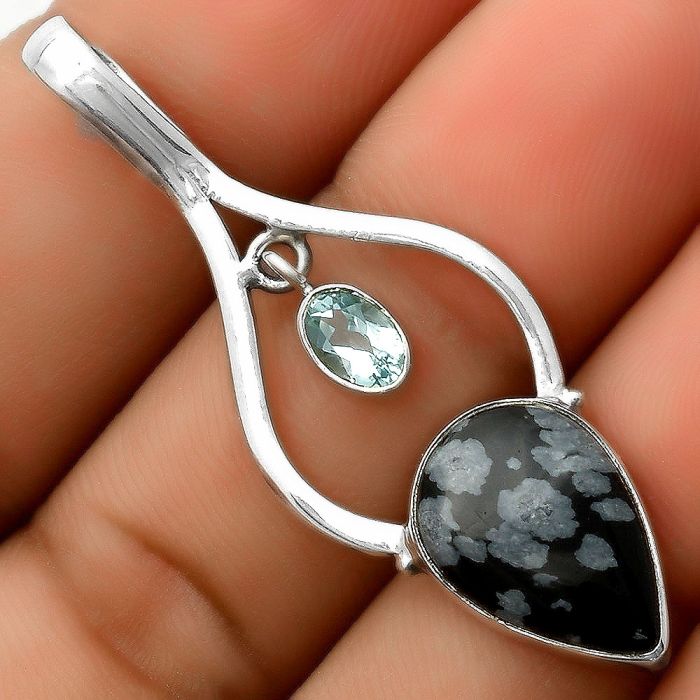 Snow Flake Obsidian & Sky Blue Topaz Pendant SDP113696 P-1648, 11x16 mm