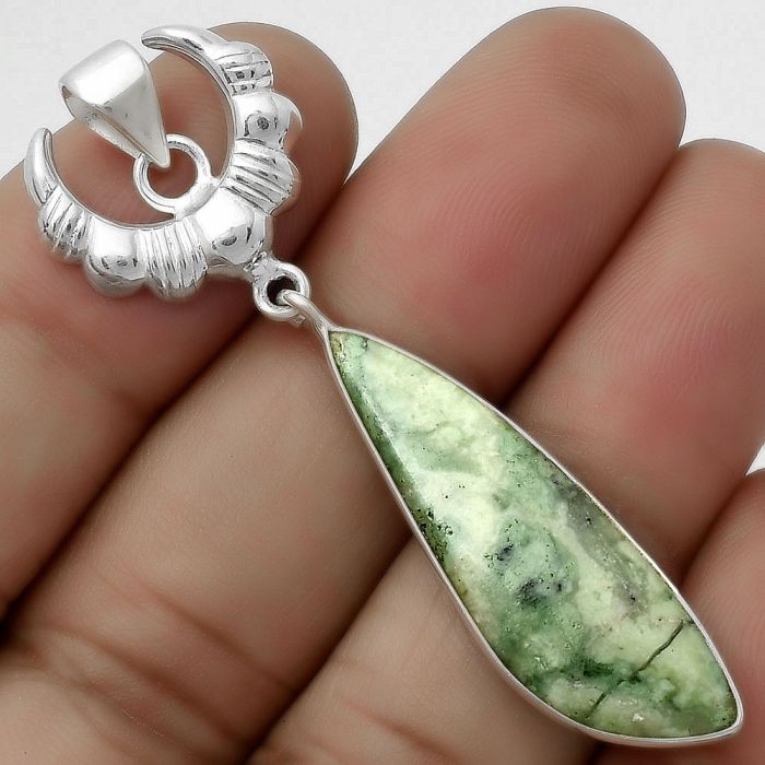 Crescent Moon - Dendritic Chrysoprase - Africa 925 Silver Pendant Jewelry SDP113904 P-1232, 10x32 mm