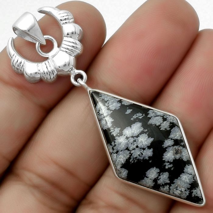 Crescent Moon - Snow Flake Obsidian Pendant SDP113929 P-1232, 17x34 mm