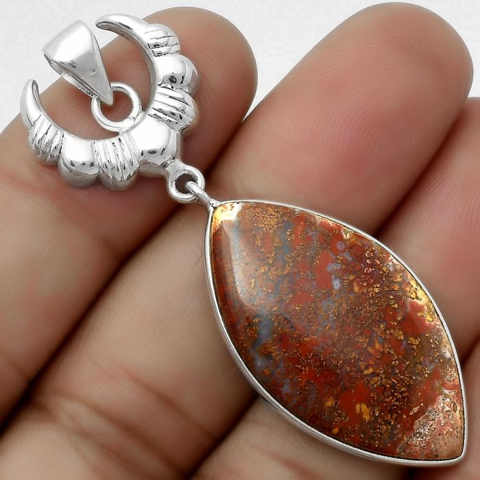 Crescent Moon - Natural Red Moss Agate Pendant SDP113936 P-1232, 17x32 mm