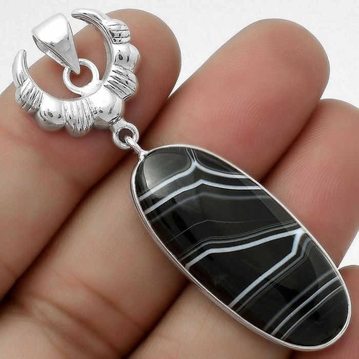 Crescent Moon - Black Botswana Agate Pendant SDP113938 P-1232, 15x33 mm