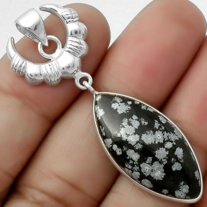 Crescent Moon - Snow Flake Obsidian Pendant SDP113958 P-1232, 14x29 mm