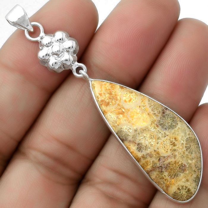 Natural Flower Fossil Coral Pendant SDP114040 P-1211, 15x36 mm