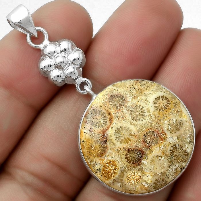 Natural Flower Fossil Coral Pendant SDP114071 P-1211, 24x24 mm