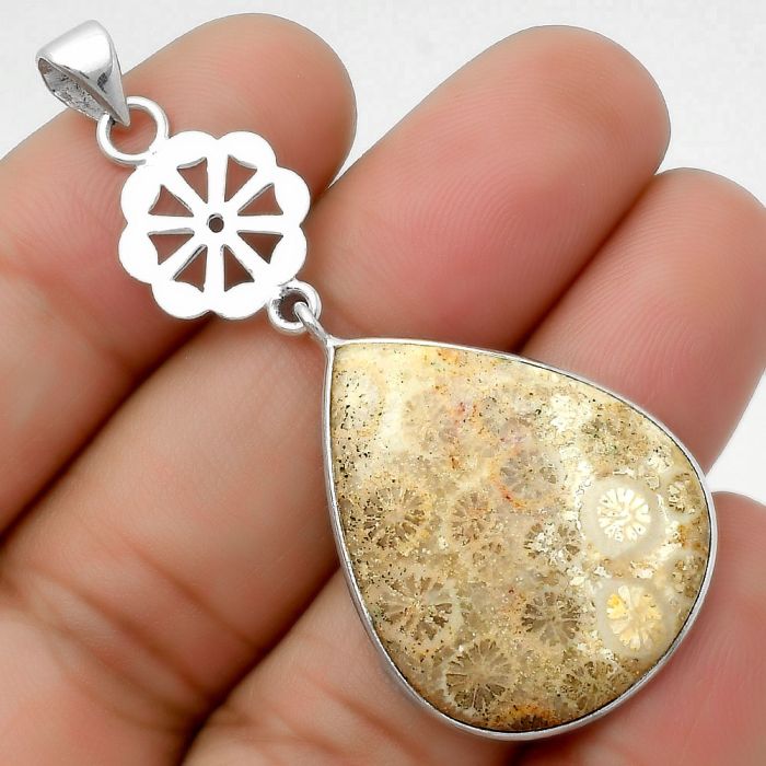 Natural Flower Fossil Coral Pendant SDP114183 P-1634, 23x28 mm