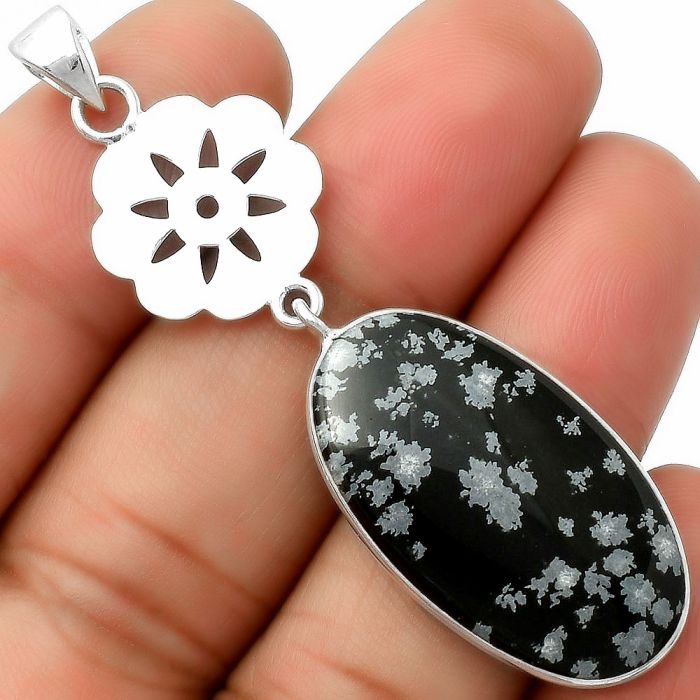 Natural Snow Flake Obsidian Pendant SDP114245 P-1634, 16x29 mm