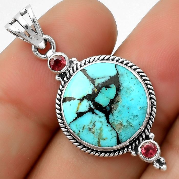 Lucky Charm Tibetan Turquoise & Garnet Pendant SDP114411 P-1023, 15x15 mm