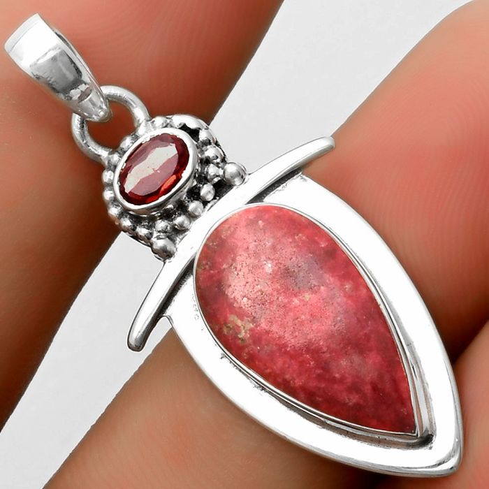 Natural Pink Thulite - Norway & Garnet Pendant SDP114485 P-1289, 10x20 mm