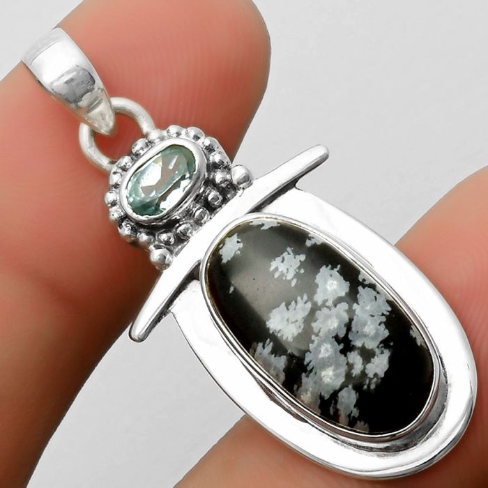 Snow Flake Obsidian & Sky Blue Topaz Pendant SDP114506 P-1289, 10x18 mm