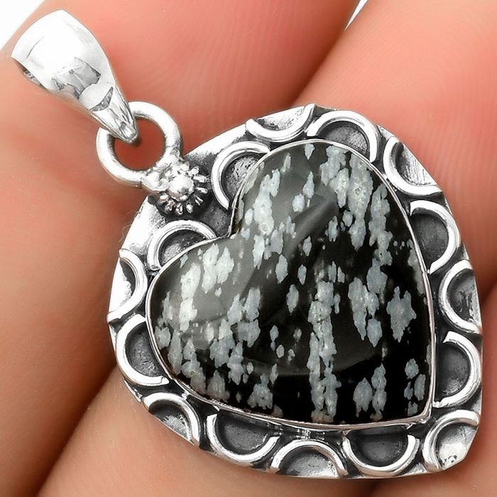 Valentine Gift Heart Natural Snow Flake Obsidian Pendant SDP114677 P-1242, 17x18 mm