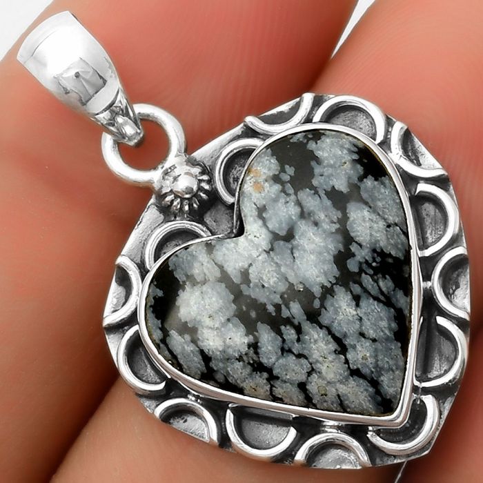 Valentine Gift Heart Natural Snow Flake Obsidian Pendant SDP114680 P-1242, 18x19 mm