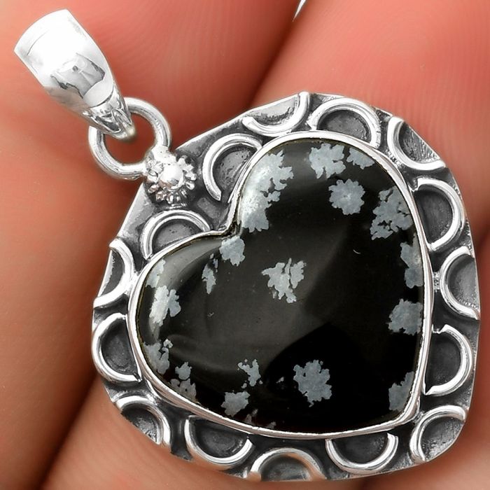 Valentine Gift Heart Natural Snow Flake Obsidian Pendant SDP114684 P-1242, 19x20 mm