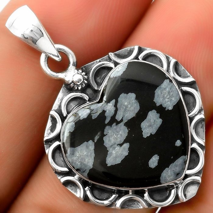 Valentine Gift Heart Natural Snow Flake Obsidian Pendant SDP114697 P-1242, 18x19 mm