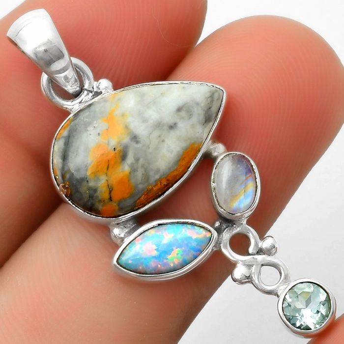 Maligano Jasper, Fire Opal, Moonstone & Blue Topaz Pendant SDP114712 P-1602, 12x19 mm