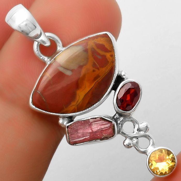 Noreena Jasper, Pink Tourmaline Rough, Garnet & Citrine Pendant SDP114715 P-1602, 12x19 mm