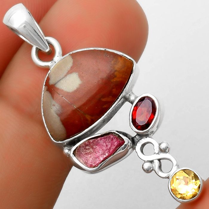 Noreena Jasper, Pink Tourmaline Rough, Garnet & Citrine Pendant SDP114741 P-1602, 12x18 mm