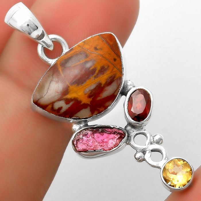 Noreena Jasper, Pink Tourmaline Rough, Garnet & Citrine Pendant SDP114744 P-1602, 12x18 mm