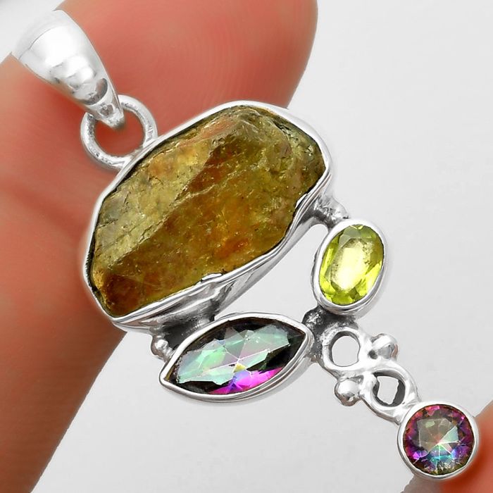 Rare Kornerupine Rough, Mystic Topaz & Peridot Pendant SDP114745 P-1602, 10x18 mm