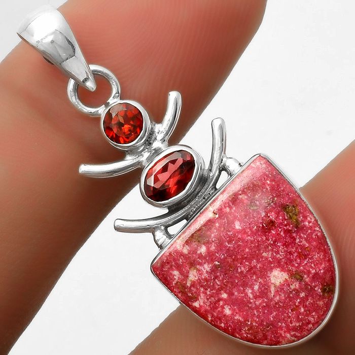 Natural Pink Thulite - Norway & Garnet Pendant SDP114769 P-1593, 15x15 mm