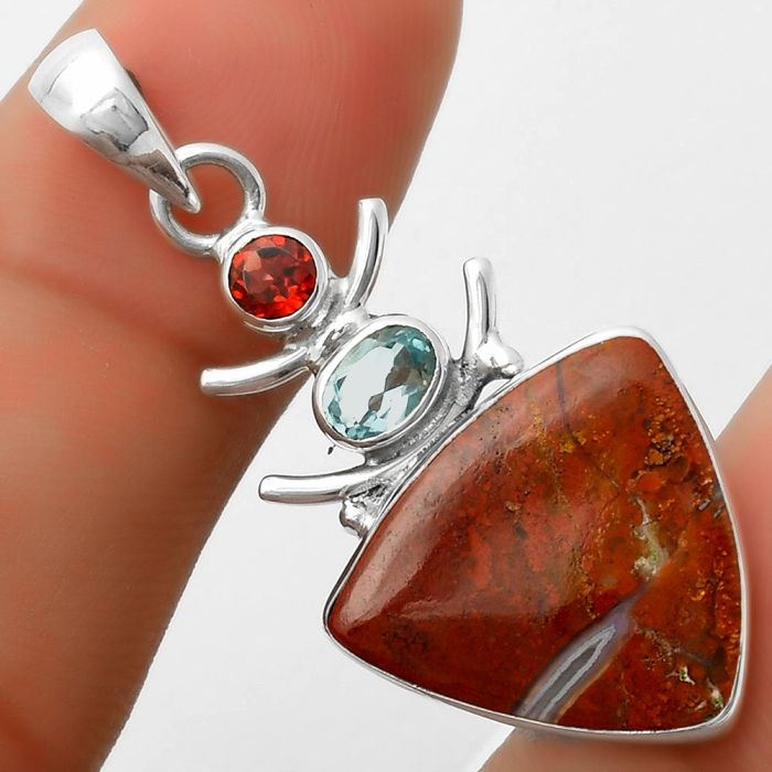 Red Moss Agate, Sky Blue Topaz & Garnet Pendant SDP114773 P-1593, 17x19 mm