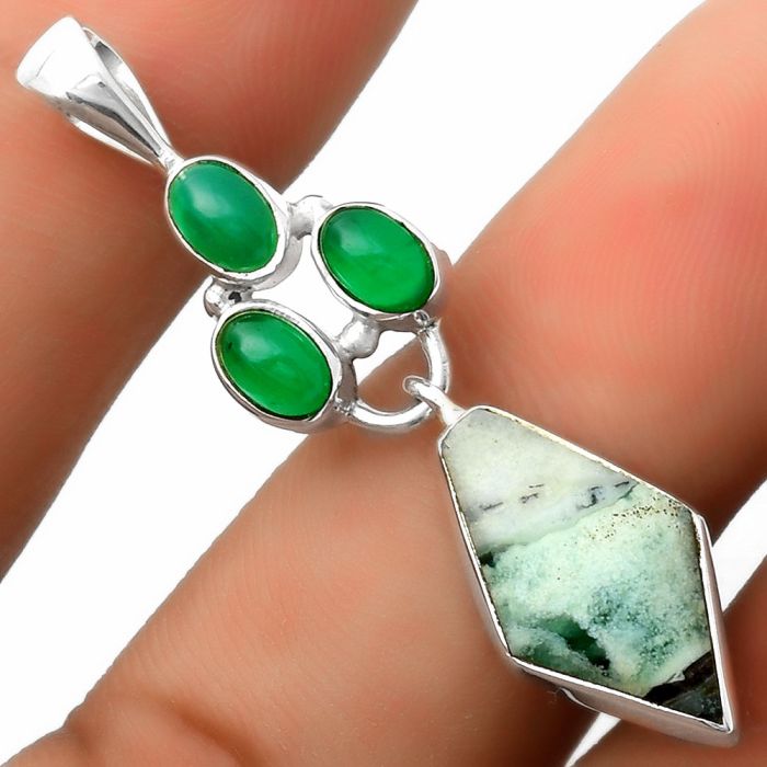 Dendritic Chrysoprase - Africa & Green Onyx 925 Silver Pendant Jewelry SDP114887 P-1203, 10x19 mm