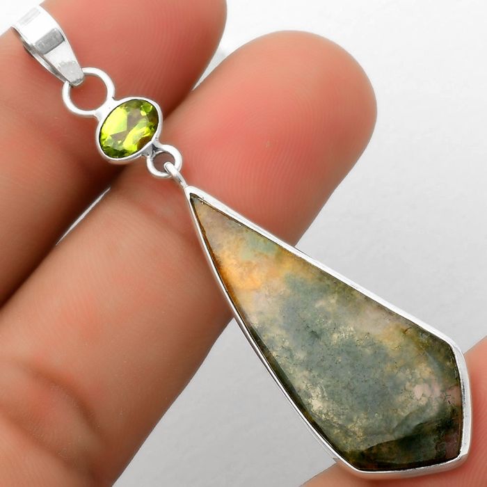 Natural Texas Moss Agate & Peridot Pendant SDP115009 P-1098, 15x38 mm